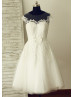 Sheer Neckline Ivory Lace Tulle Tea Length Elegant Wedding Dress